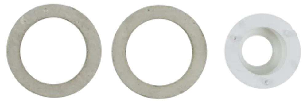 Drei Ringe in verschiedenen Größen, zwei aus grauem Material und einer aus weißem Kunststoff, möglicherweise Zubehör für Wolf-Produkte.
